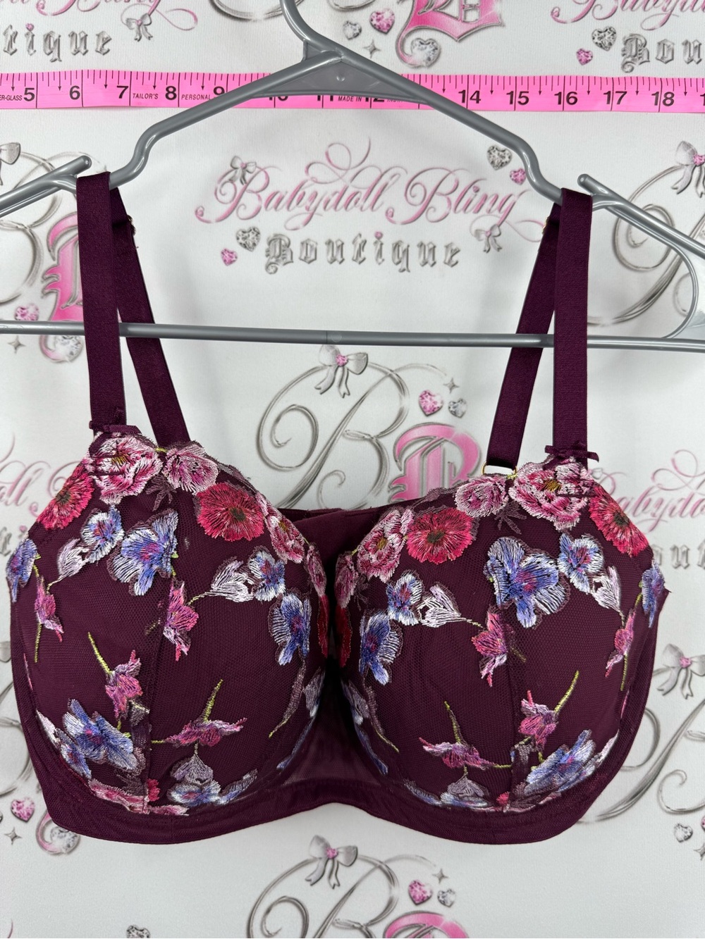 Victoria's Secret Embroidered Floral Bra in Deep Plum with Pink & Blue Accents